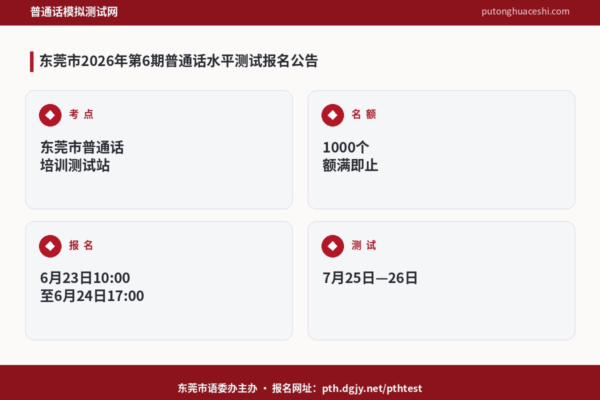 东莞市2026年第6期普通话水平测试报名公告（1000个名额，6月23日10:00开放报名，7月25-26日测试）