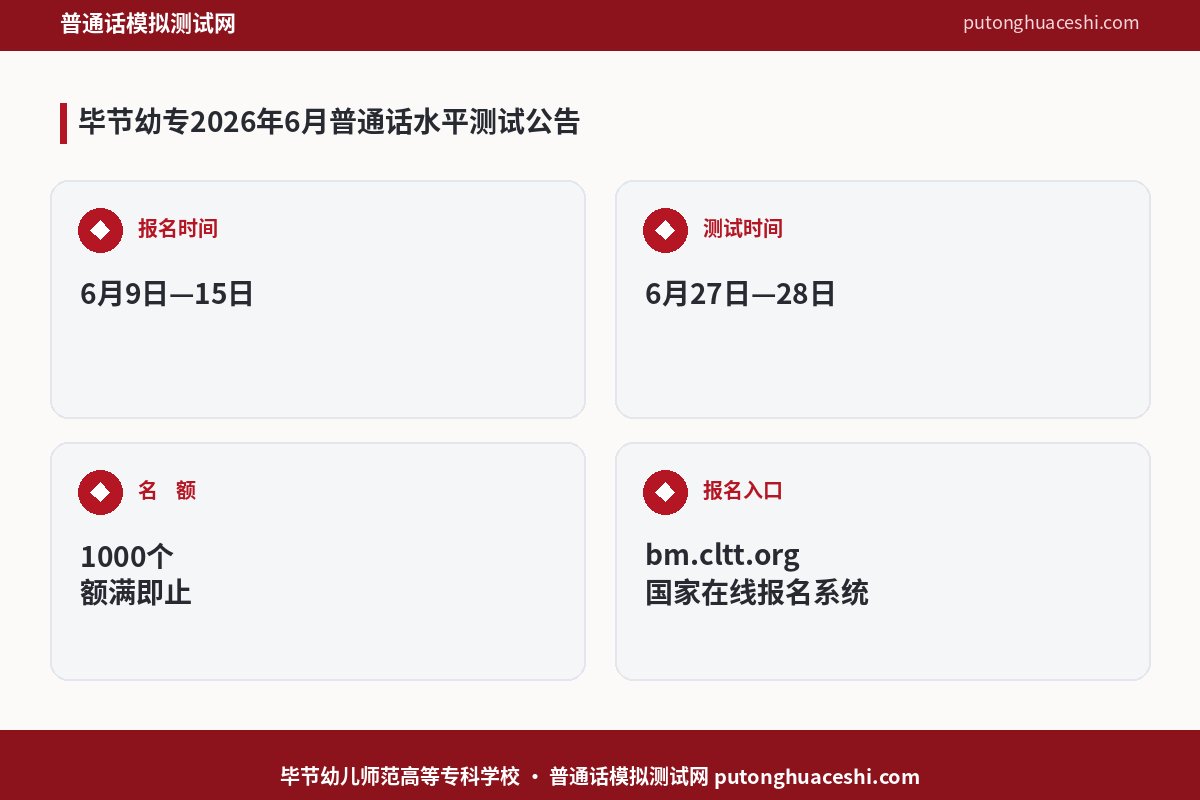 毕节幼儿师范高等专科学校2026年6月普通话水平测试公告（1000个名额，6月9日起报名，6月27日开考）