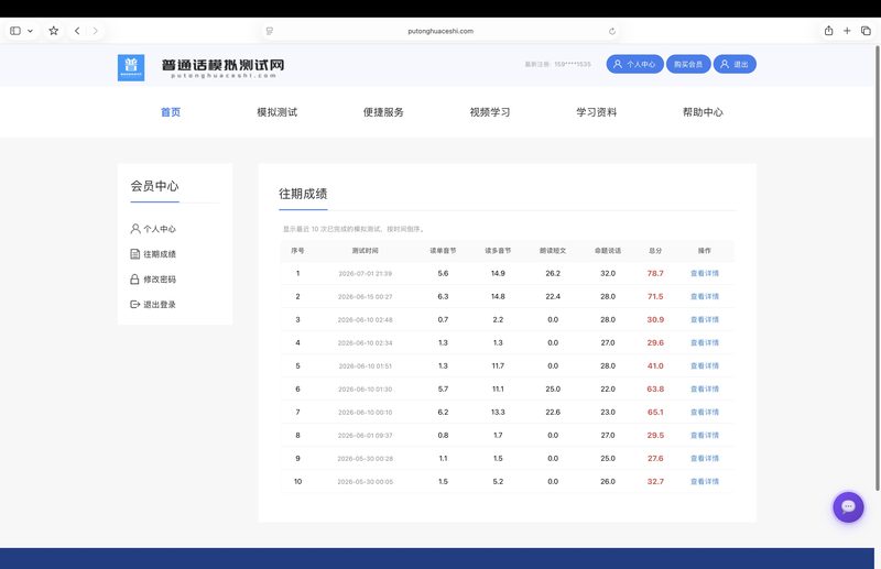 会员中心-往期成绩查询列表(10 条历史模拟测试记录)