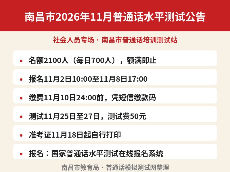 南昌市2026年11月普通话水平测试公告（社会人员专场，2100人，11月2日起报名）